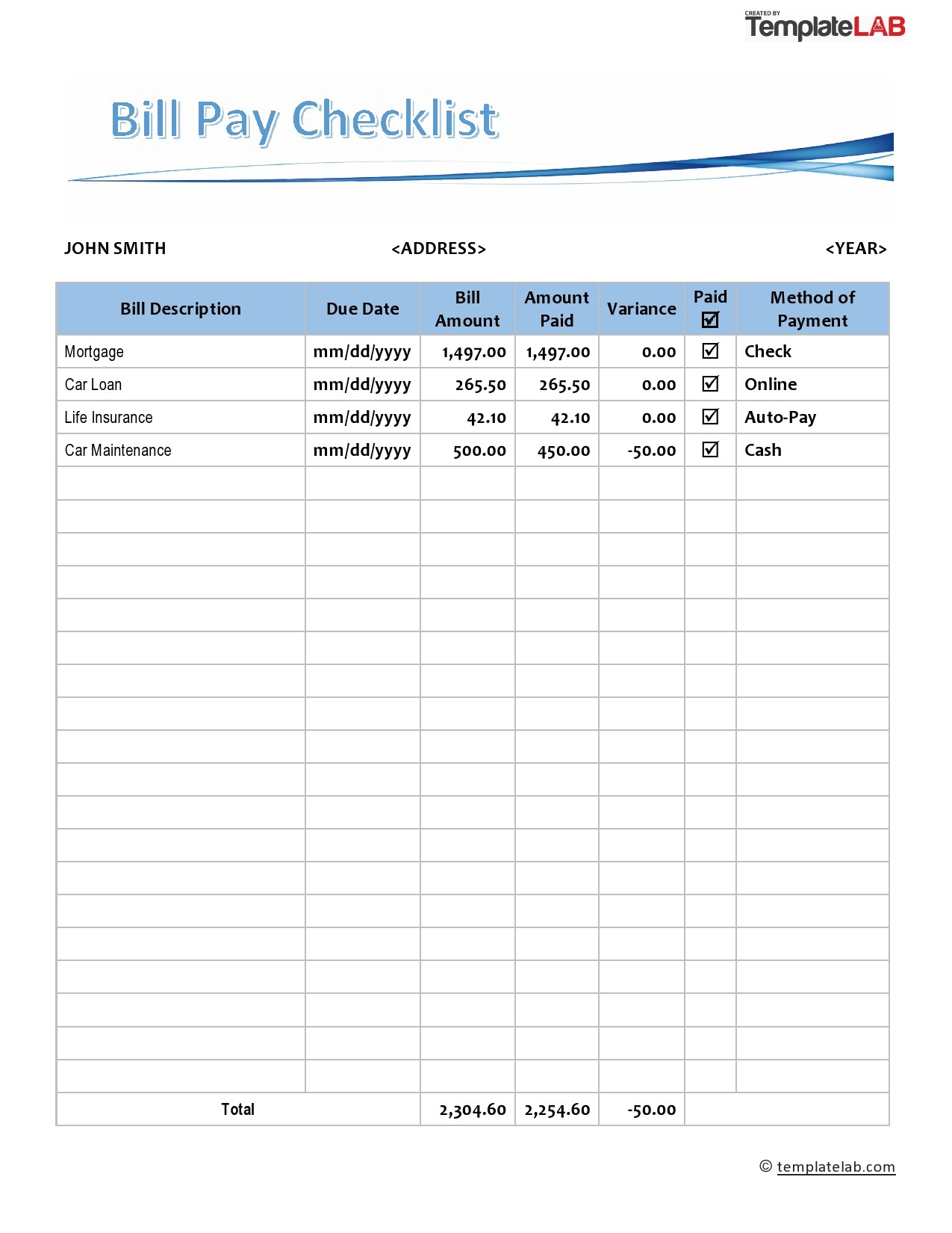 Bill Payment Checklist Printable Free