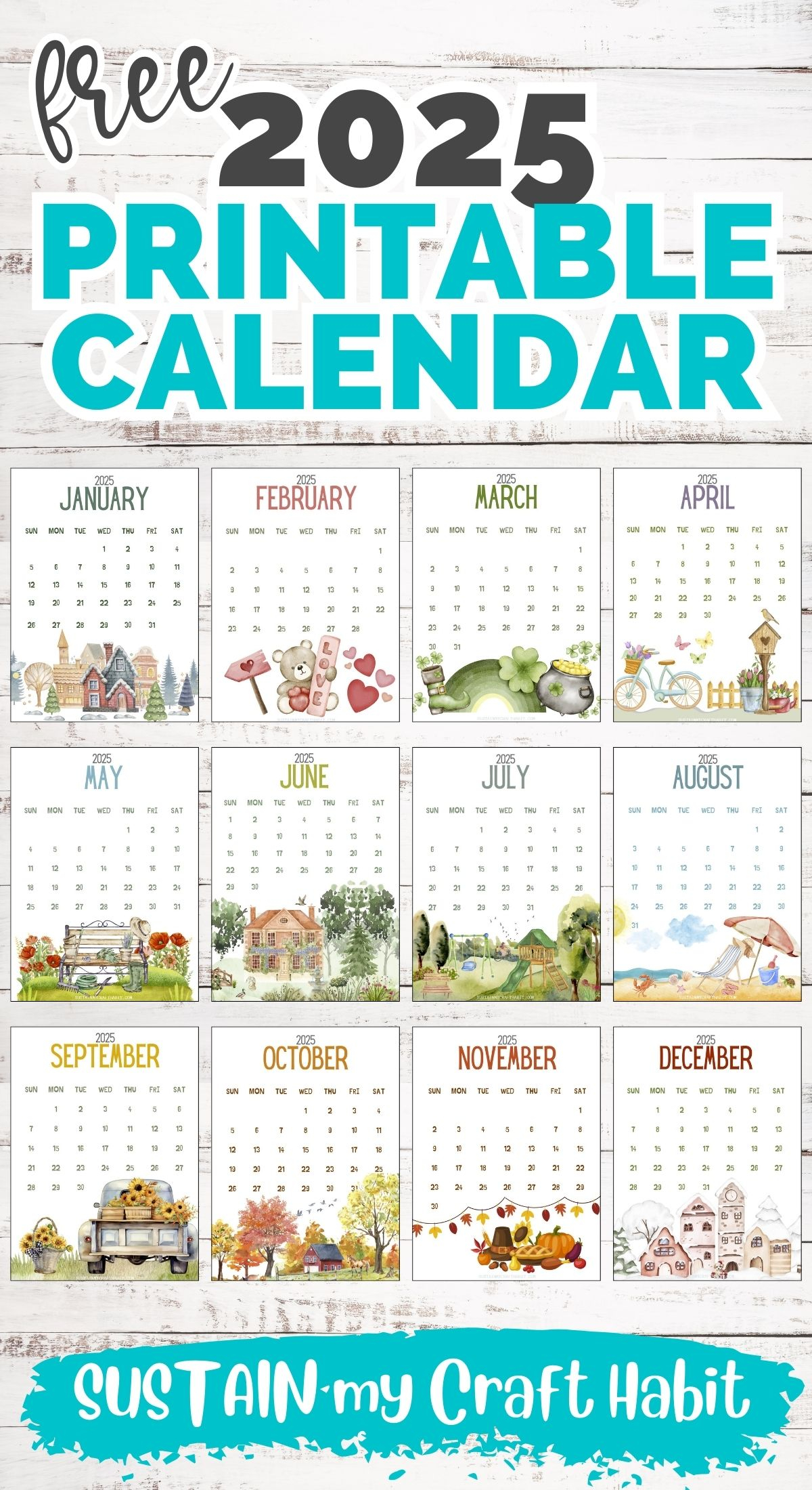 12 Month 2025 Calendar Printable Free