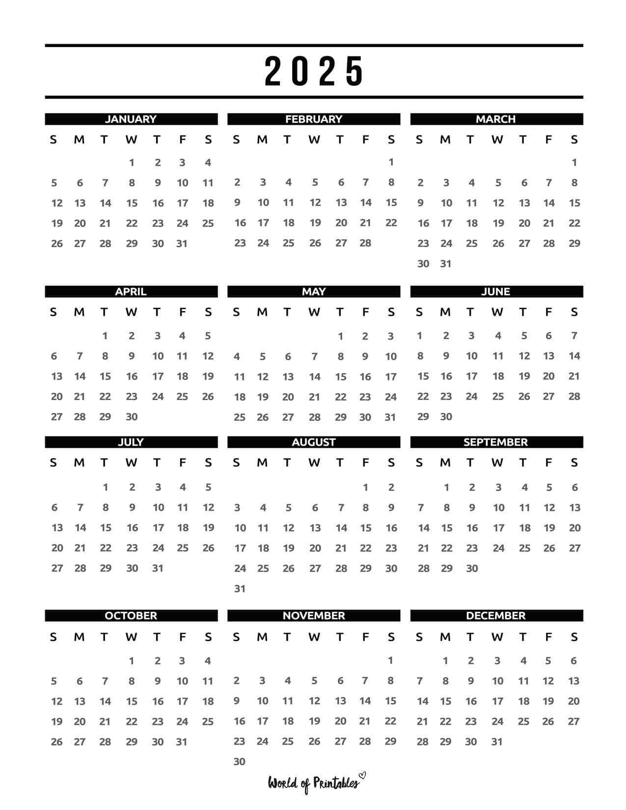 Free 2025 Yearly Calendar Printable One Page