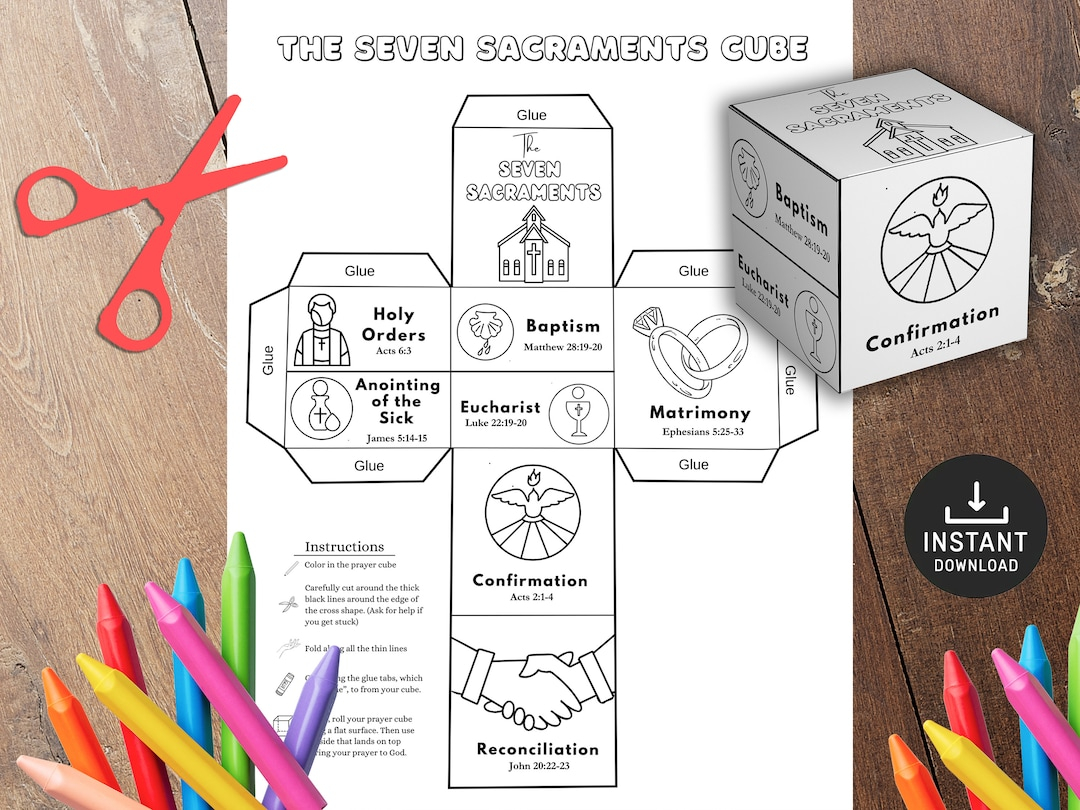 7 Sacraments Cube Printable Bible Activity Watercolor Kids Bible Lesson Memory Game Sunday School Christian Crafts Paper Crafts Etsy