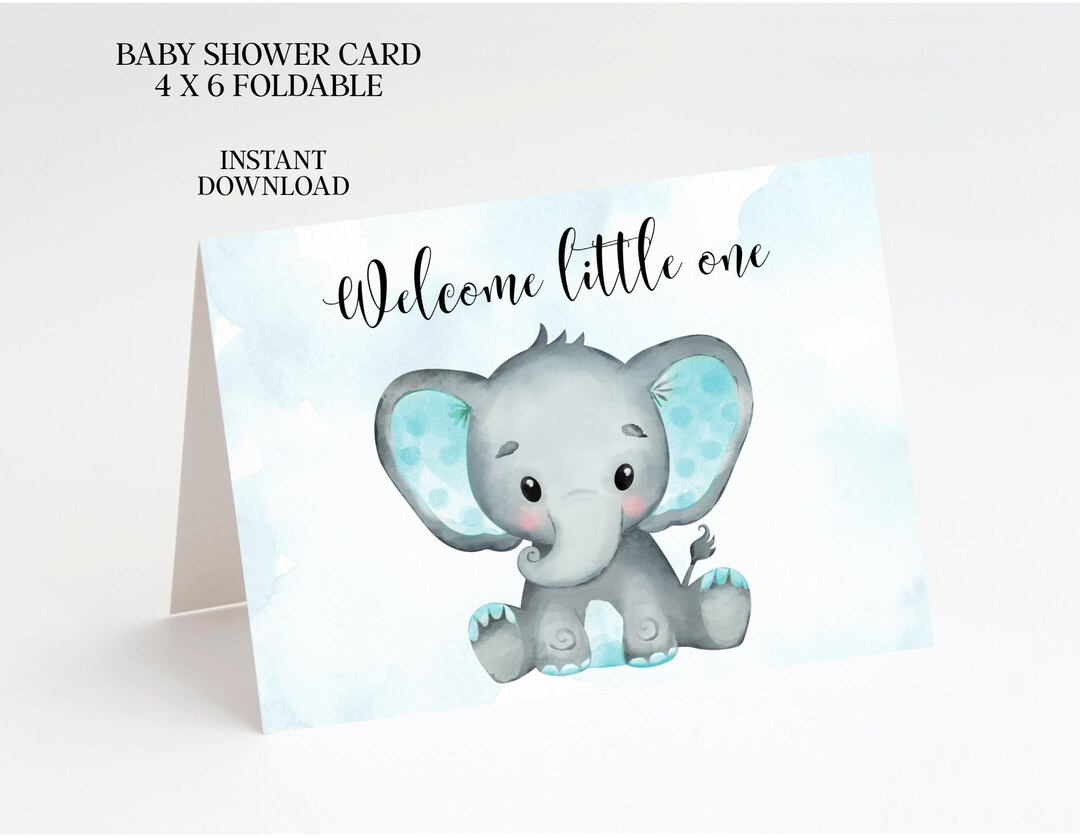 Baby Shower Card Printable Boy Elephant Watercolor Instant Download Pdf 4x6 Folding Foldable Welcome Blue Etsy