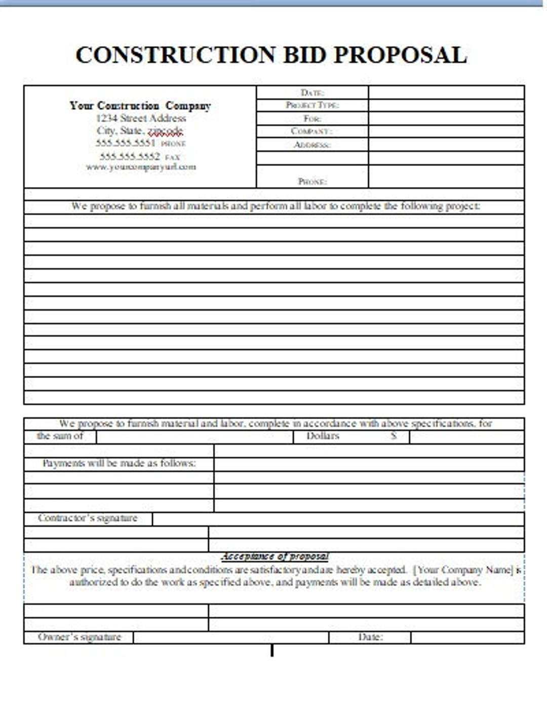 Free Printable Contractor Bid Forms
