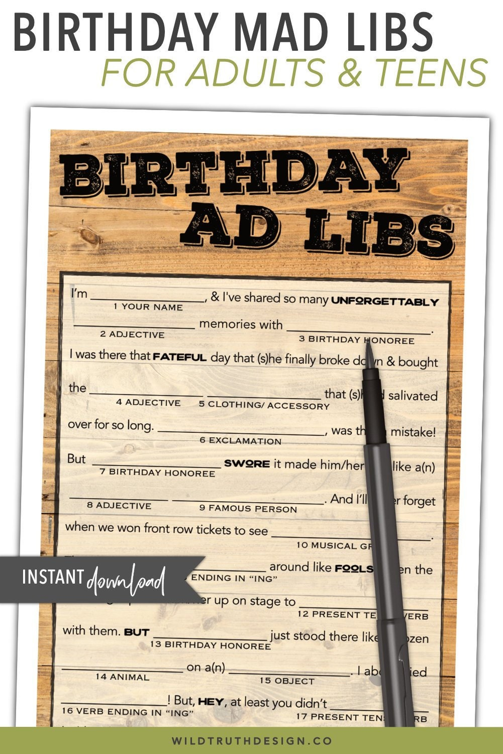 Birthday Mad Lib Game For Adults Men Women Gender Neutral Wood Design Funny Digital Party Printable Etsy