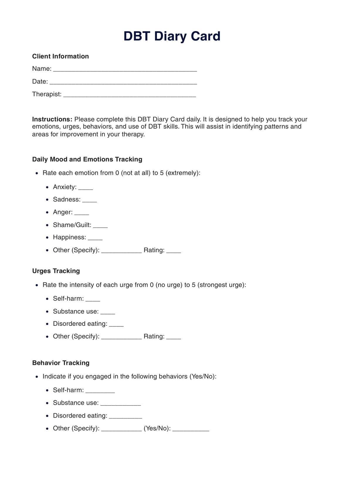 DBT Diary Card Example Free PDF Download
