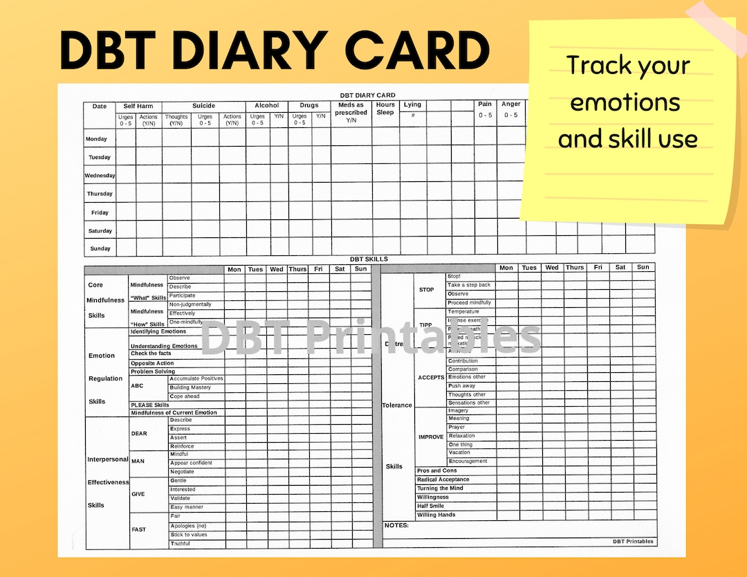 DBT Diary Card Printable BPD Skills Tracker Dialectical Behavior Therapy Resource Mental Health Worksheet Etsy