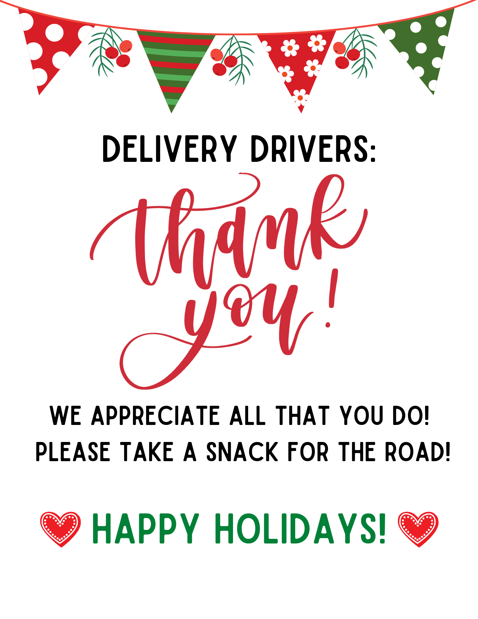 Free Printable Thank You Delivery Driver Snack Sign
