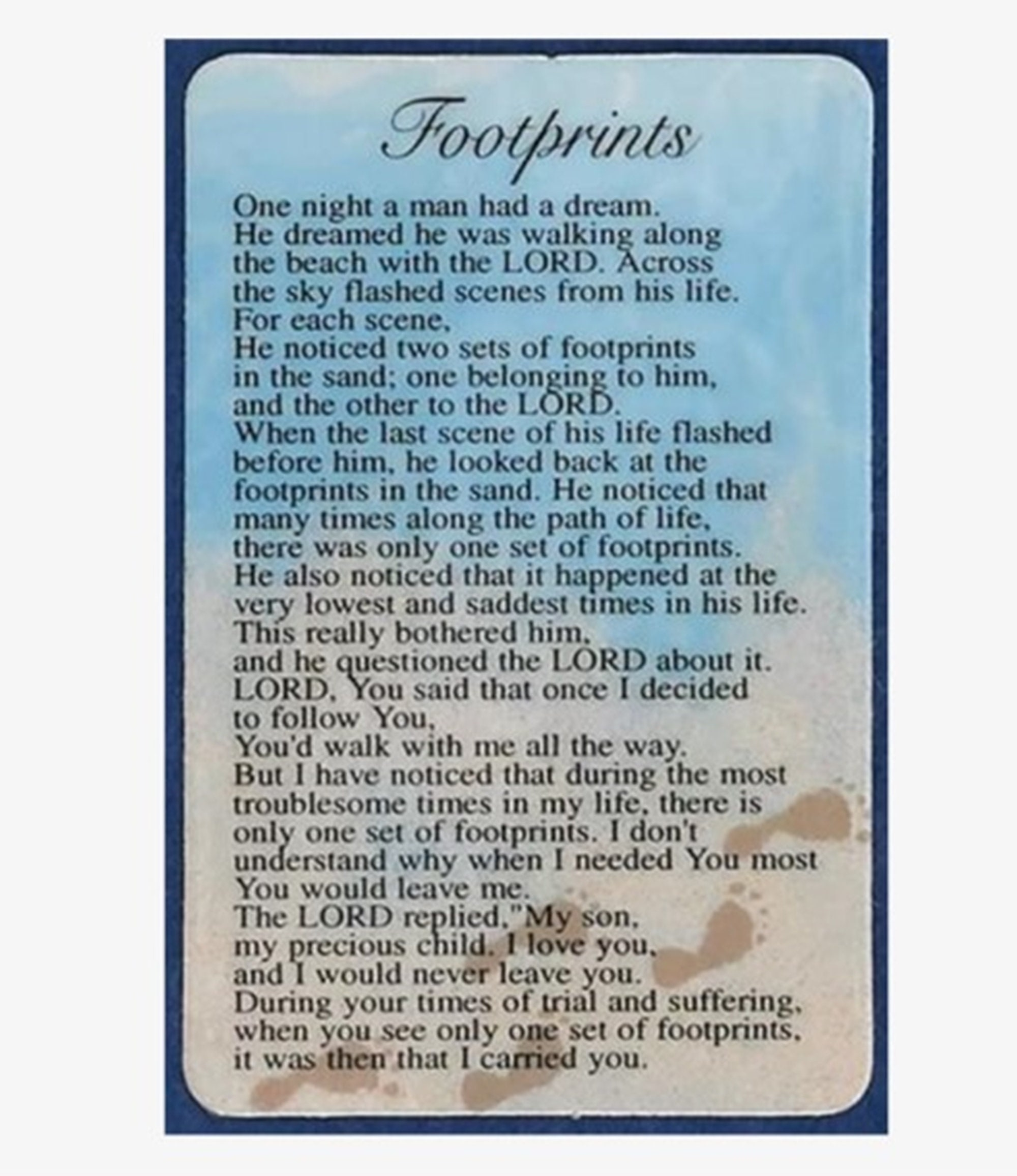 Footprints In The Sand Christian Poem Laminated Plastic Prayer Card Wallet Sized Etsy