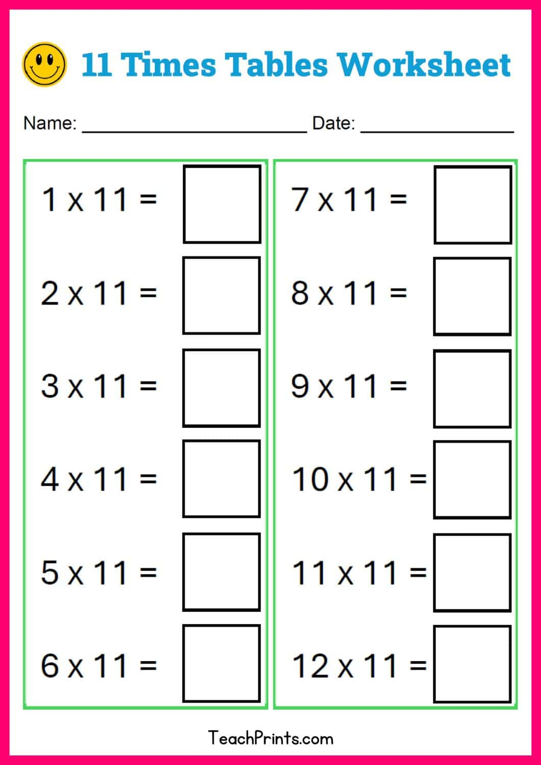 Free 11 Times Tables Worksheets 8 Versions Teach Prints