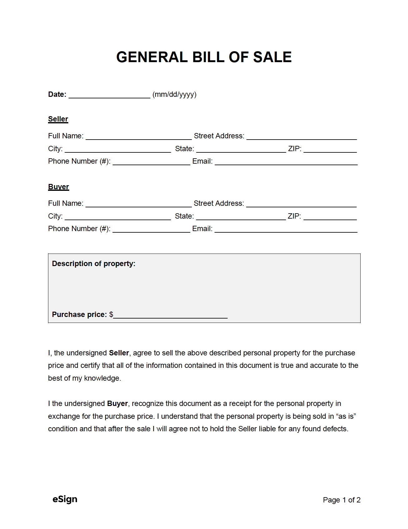 Bill of Sale Template Printable Free