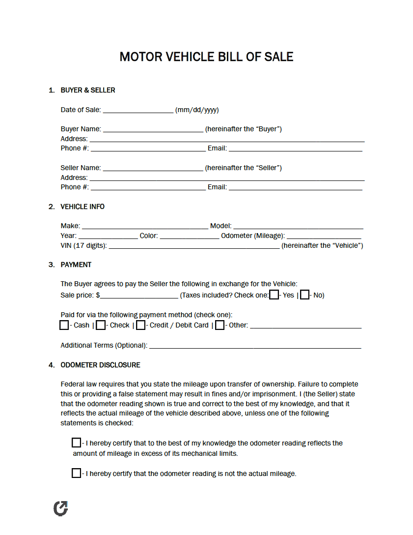 Free Printable Car Bill of Sale