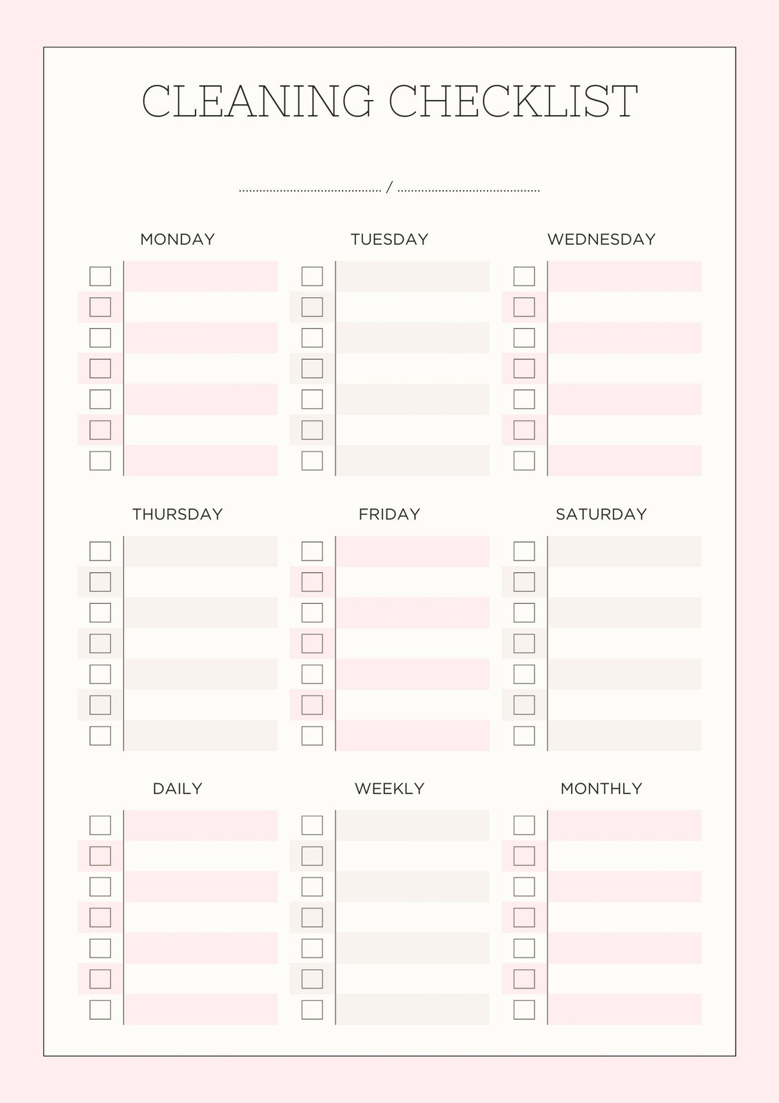 Daily Weekly Monthly Cleaning Checklist Printable Free