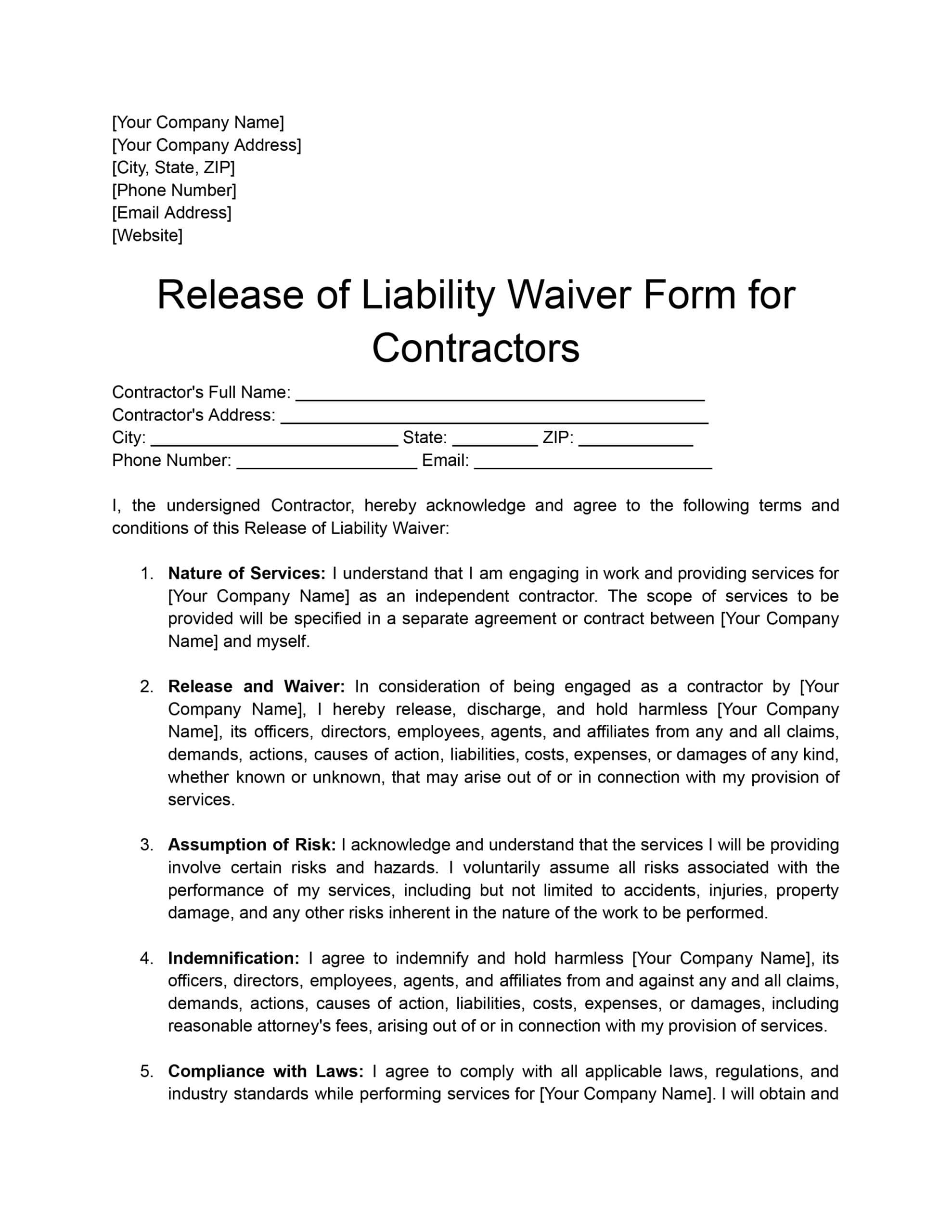 Free Printable Liability Waiver Form