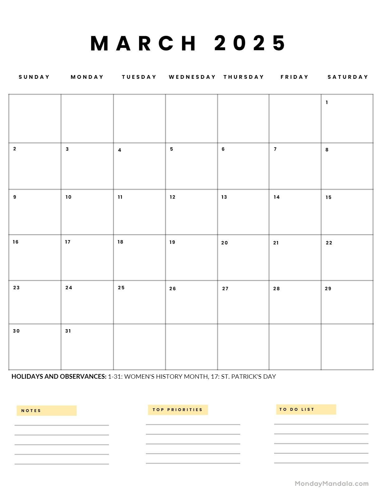Free Printable Calendar March 2025