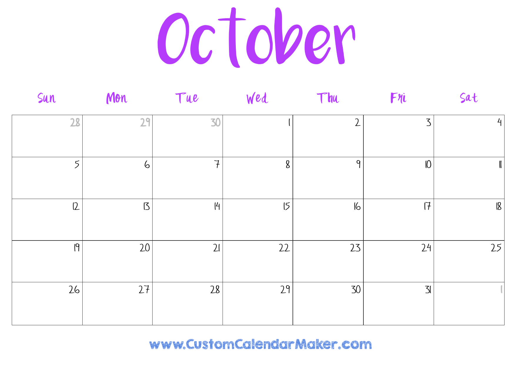 Calendar October 2025 Printable Free