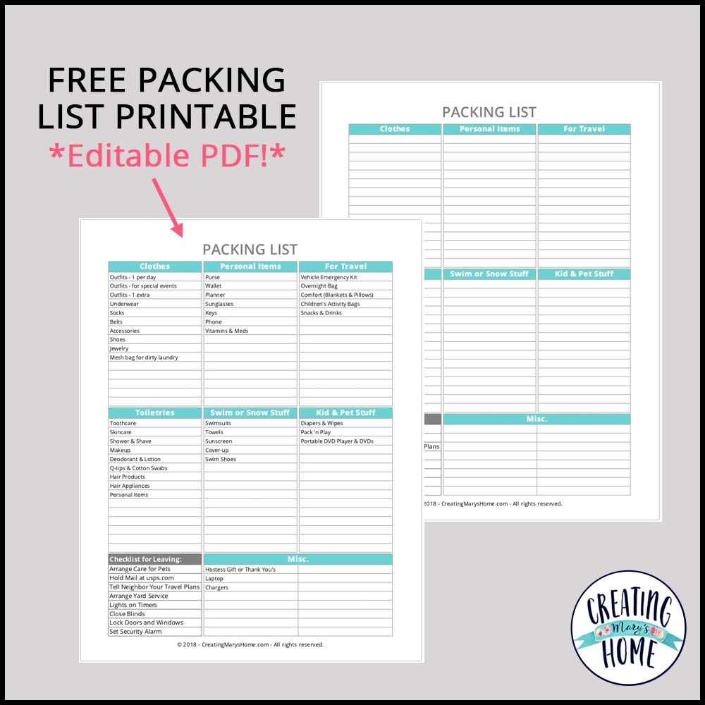 Packing List Printable Editable PDF Creatingmaryshome