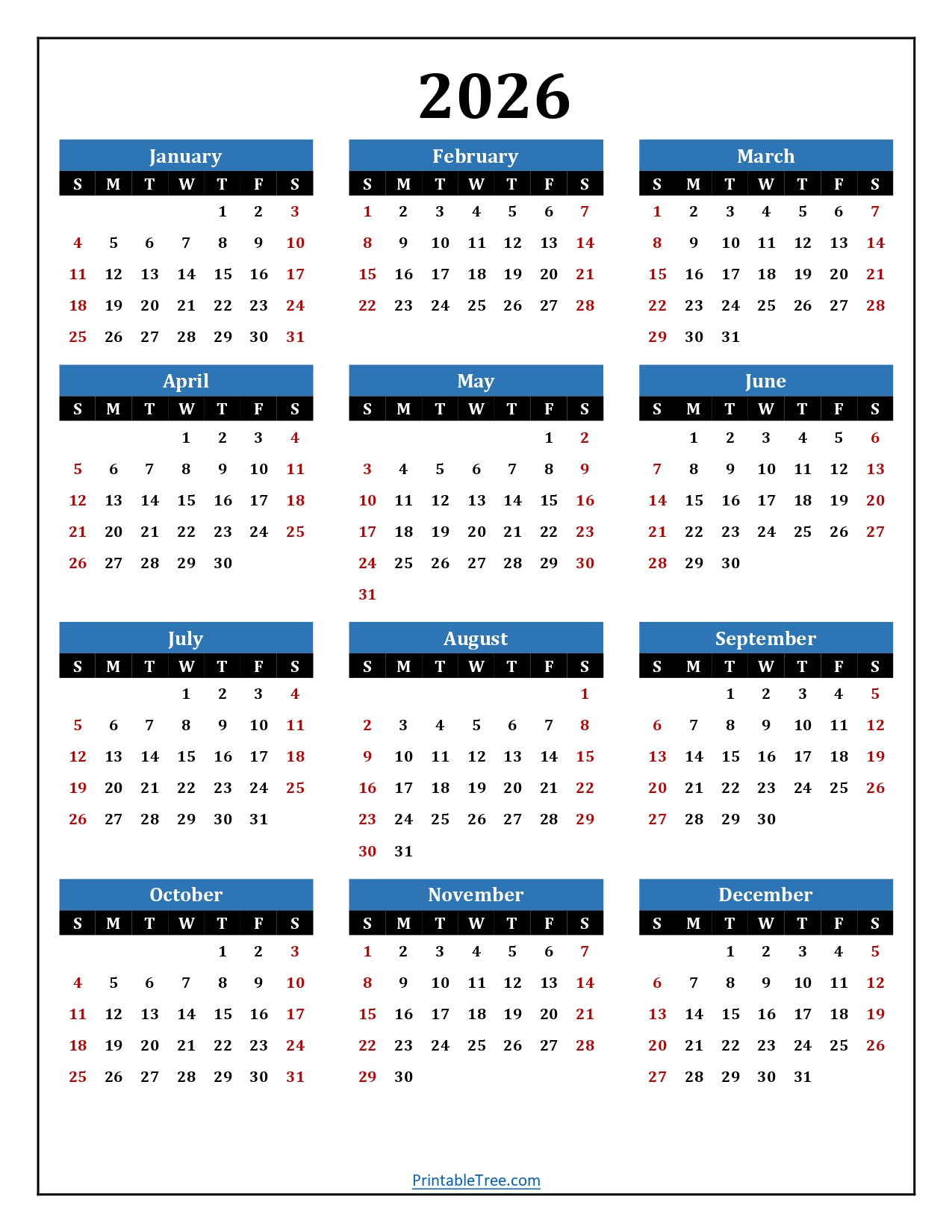 Printable Calendar 2026 One Page With Holidays Single Page 2026 Yearly Blank PDF Templates