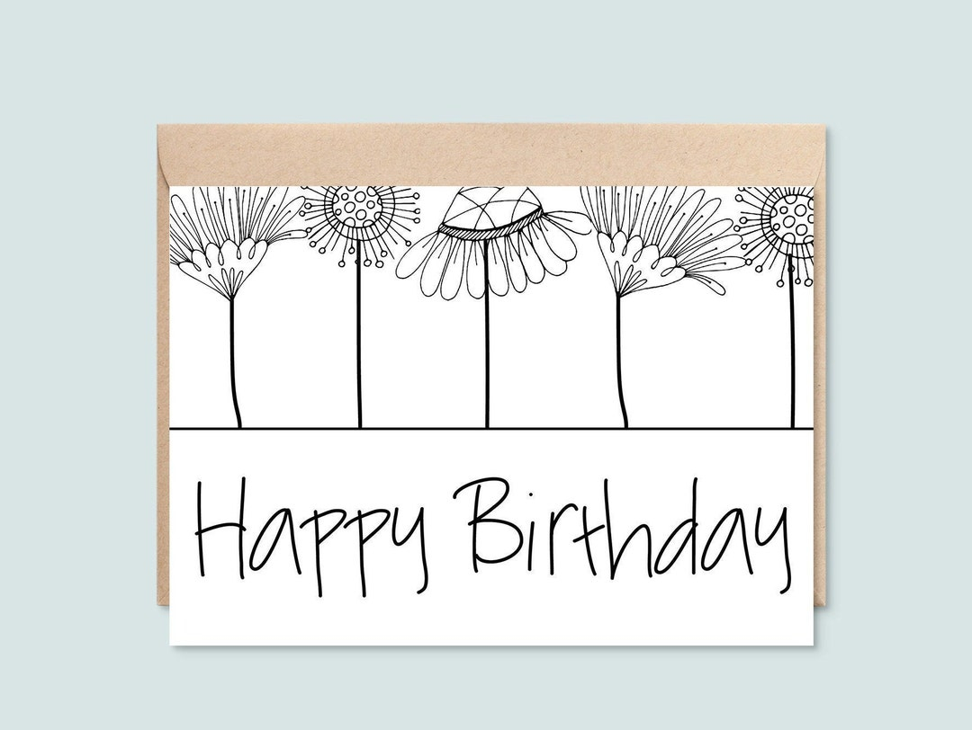 Printable Happy Birthday Card Black And White Floral Line Art Instant Download 5X7 Greeting Card Etsy UK