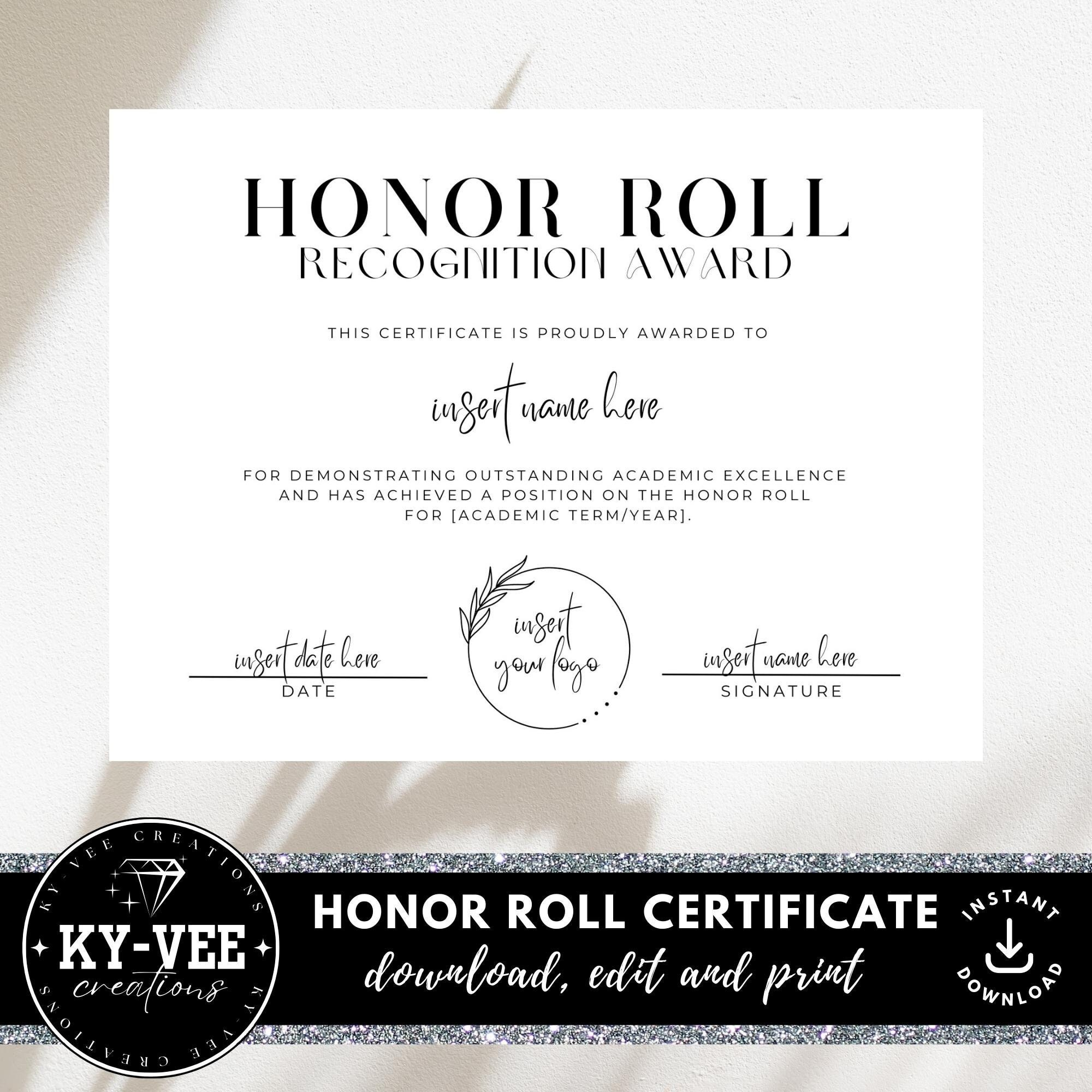 Printable Honor Roll Certificates INSTANT DOWNLOAD Certificate Of Honor Template Editable Graduation Diploma Award Minimal Canva Design Etsy