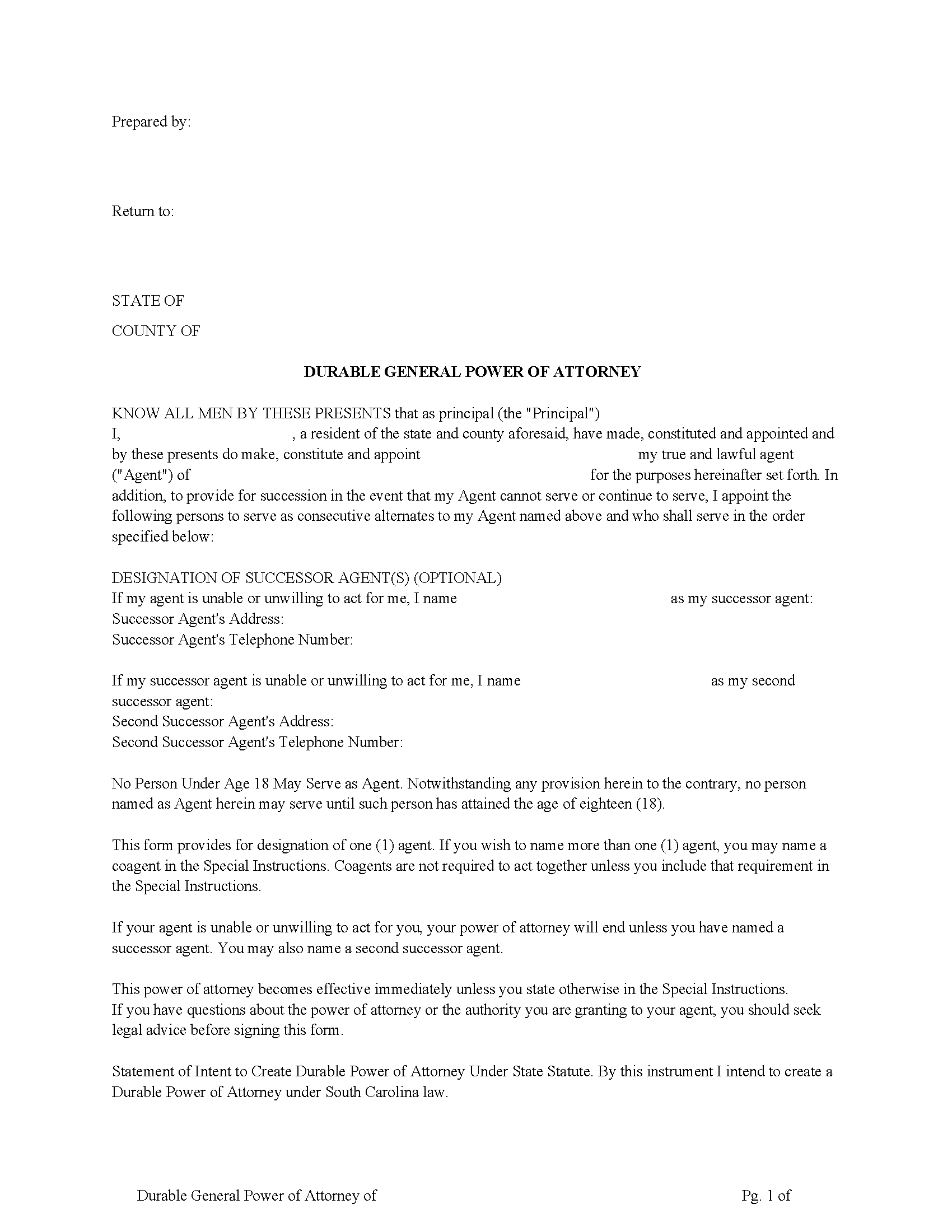 Free Printable Durable Power of Attorney Form South Carolina
