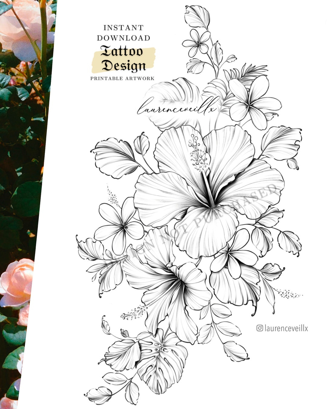 Tattoo Design Ideas For Women Download Drawing Stencil Outline Hibiscus Plumeria Monstera Tropical Flower Sleeve Thigh Hip Tattoo Etsy UK