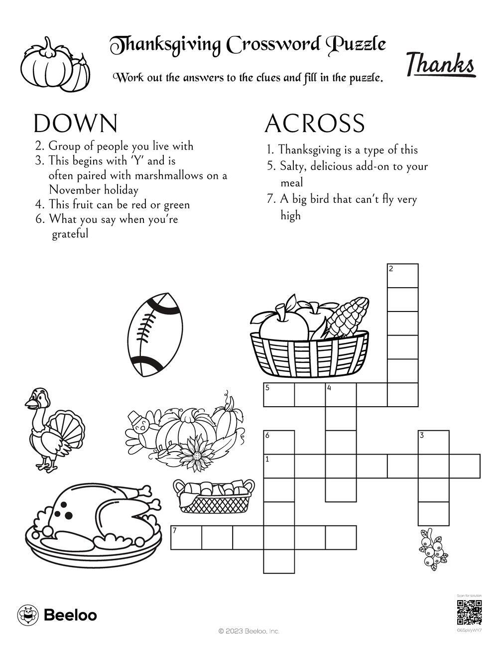 Thanksgiving Crossword Puzzle Free Printable