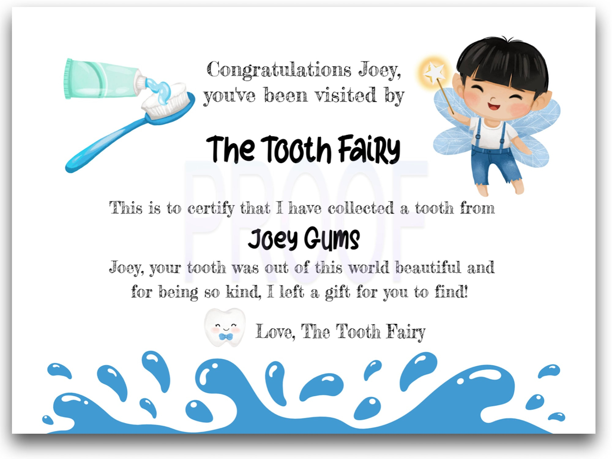 Tooth Fairy Note With Boy Tooth Fairy Water Splash Toothbrush Toothpaste Digital Template DIY Kids Etsy